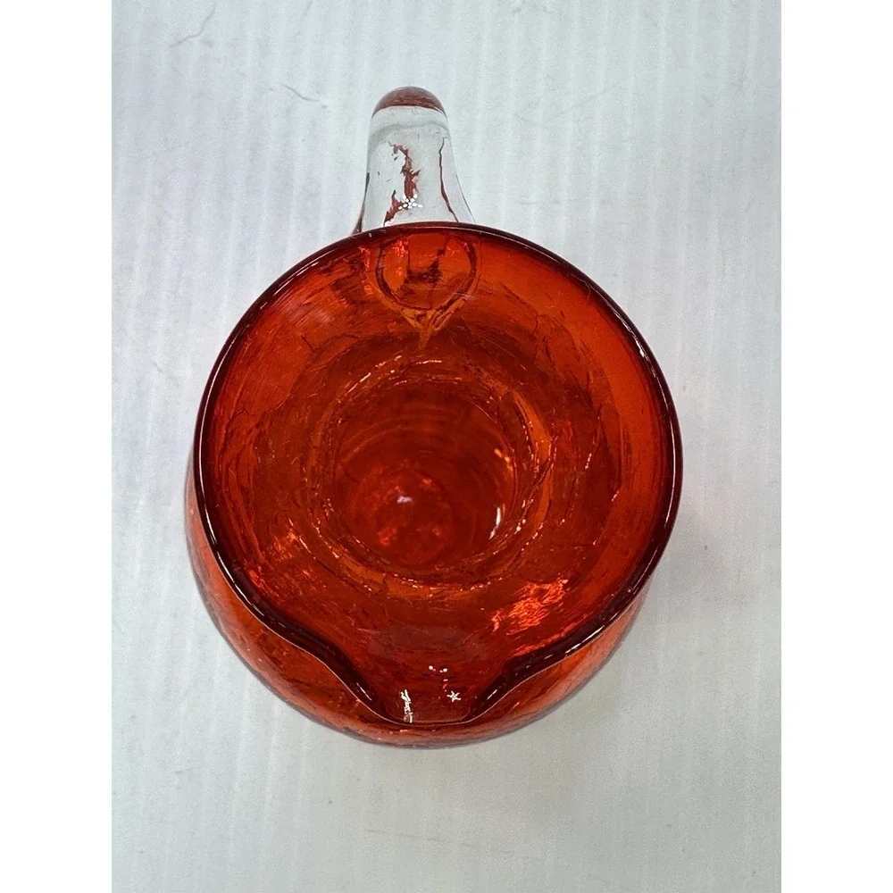Vintage Handcrafted Pilgrim Orange Crackle Glass Clear Handle Mini Pitcher